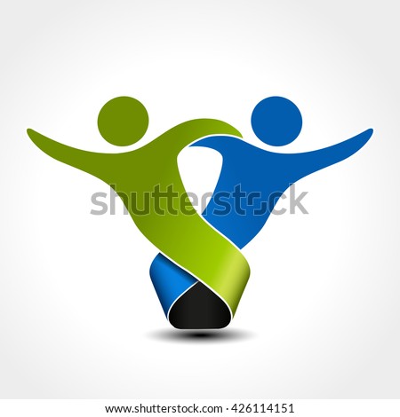 Vector together joined people icon. Green and blue community symbol. Human sign of two partners. Silhouttes of body with transparency shadow. Symbol of succes.
