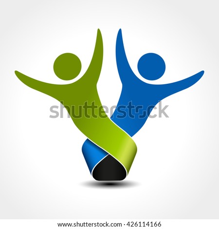 Vector together joined people icon. Green and blue community symbol. Human sign of two partners. Silhouttes of body with transparency shadow. Symbol of succes.
