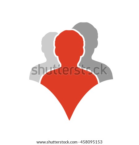 Vector together joined people icon. Red and grey community symbol. Human sign of three partners. Silhouttes of body. Symbol of succes.