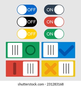 Vector Toggle switch icons. On and Off position and Check Mark.