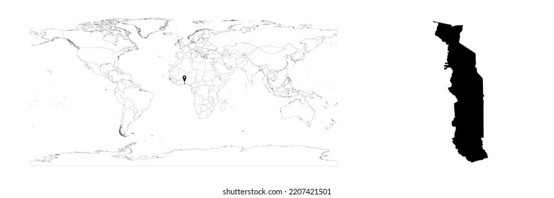 Vector Togo map showing country location on world map and solid map for Togo on white background. File is suitable for digital editing and prints of all sizes.