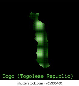 Vector Togo (togolese Republic) map dotted silhouette with green dots on a black background (as on old ancient computers running DOS)
