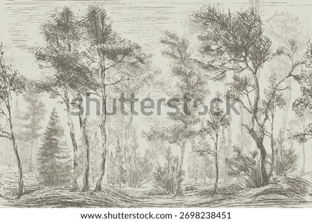 Vector Toile de Jouy Forest Mural. Vintage Toile Style Woodland Illustration. 