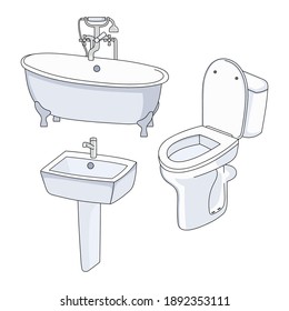 Vector toilet, bath and sink. Collection of bathroom fixtures on a white background.