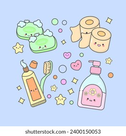 Vector Toilet Element Tooth Paste Brush Soap Shampoo Tissue with cute facial expressions and pastel colour