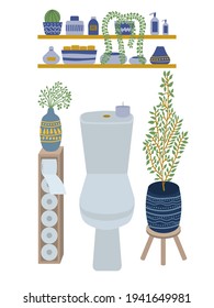 Vector toilet interior design. Cartoon style toilet illustration. Shelves with bottles, flowers, towels, cactus. Toilet paper holder. Ceramic vase.