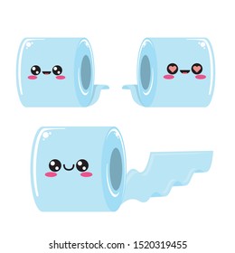 vector toilet paper character set isolated on white background. Funky kawaii tolet paper roll collection