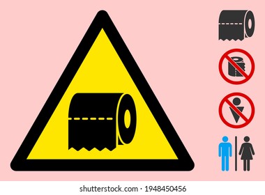 Vector toilet paper flat warning sign. Triangle icon uses black and yellow colors. Symbol style is a flat toilet paper attention sign on a pink background. Icons designed for notice signals,