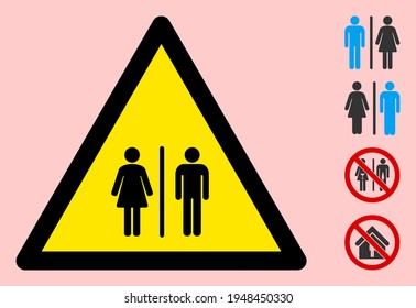 WC-Personen mit Flachwarnzeichen. Das Triangle-Symbol verwendet schwarz-gelbe Farben. Symbolstil ist eine flache Toilette Menschen Aufmerksamkeitszeichen auf rosafarbenem Hintergrund. Symbole, die für Signalsignale bestimmt sind,