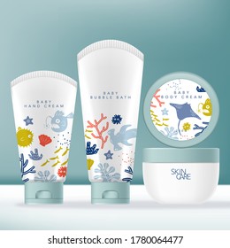 Vector Toiletries, Beauty or Skincare Product Packaging with Tube & Jar. Kids or Children Underwater World Theme Pattern.