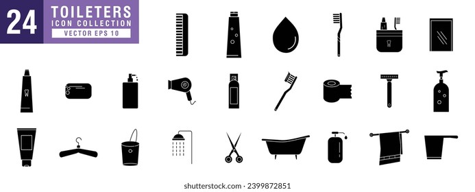 Vector de artículos de aseo conjunto de iconos, jabón, champú, acondicionador, cepillo de dientes, pasta de dientes, vector EPS 10.