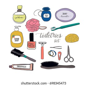 vector toiletries set collection. illustration elements. beaut salon spa. 