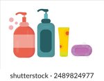 vector toiletries set with a colorful and fun appearance, shampoo, soap, cream, and sunscreen