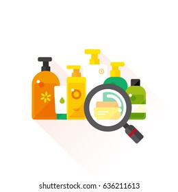 vector toiletry collection and magnifier, quality examination or product analysis, skin care concept, sign and icon template 