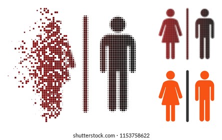 Vector toilets icon in dissolved, dotted halftone and undamaged solid variants. Disintegration effect uses rectangular scintillas and horizontal gradient from red to black.