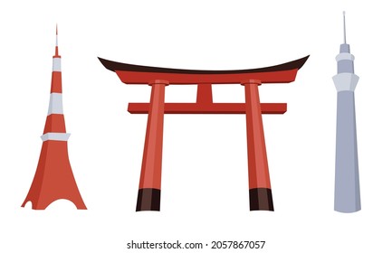 Vector Tokyo architecture set with tv tower, skytree and torii gate