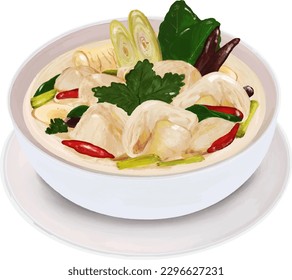 Vector, Tom Kha Gai, Thai chicken soup with coconut and galangal, Thai food, Thailand food, Asia food, Drawing