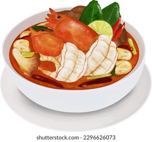 Vector, Tom Yum Kung, Sopa De Gambas Picante, Un Plato De Sopa De Gambas Caliente Y Aguda, Comida Tailandesa, Comida Tailandesa, Comida Asiática, Dibujo