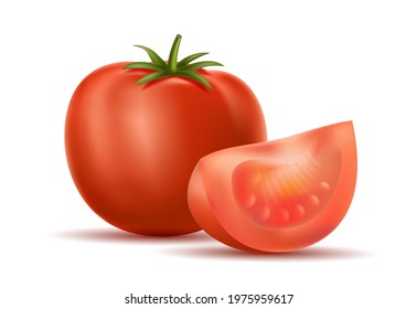 Vector tomato 3d icon illustration with slice, isolated graphic