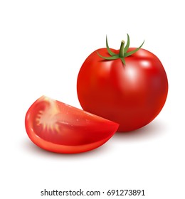 Vector tomato 3d icon  isolated on white background. Red fresh whole tomato and piece,vector illustration