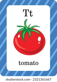 Vector tomato fruit with frame for ABC Flash Cards. Letters, words and pictures. Educational alphabet cards for kids. children's alphabet page.