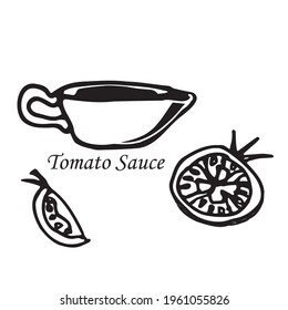 Ilustración dibujada a mano por tomate vector. Salsa de tomate. Logotipo. Una foto para una pizzería. Dibujo para imprimir camisetas.