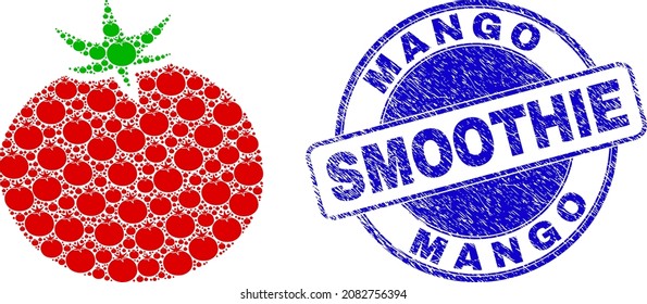 Vector tomato icon collage is organized from randomized self tomato parts. Mango Smoothie unclean blue round stamp seal. Recursive collage from tomato icon.