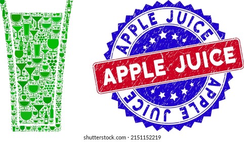 Vector tomato juice glass icon wine collage with grunge bicolor Apple Juice seal. Red and blue bicolored imprint with unclean surface and Apple Juice caption.