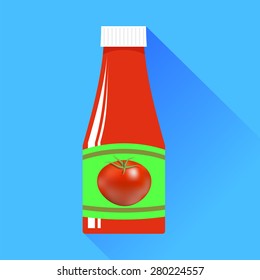 Vector Tomato Ketchup in Glass Bottle on Blue Background
