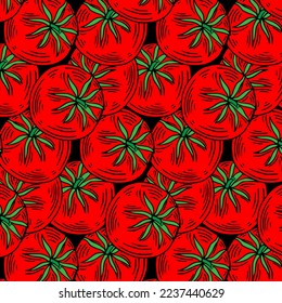 Vector tomato seamless pattern drawing. Isolated tomatoes and sliced pieces. Vegetable artistic style illustration. Detailed vegetarian food drawing background. Farm market product.