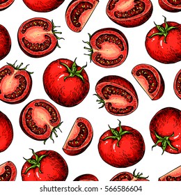 Vector tomato seamless pattern drawing. Isolated tomatoes and sliced pieces. Vegetable artistic style illustration. Detailed vegetarian food drawing background. Farm market product.