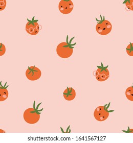 Vector tomato seamless pattern. hand-drawn organic food repeat design for fabric or wrapping paper, branding. Fresh cherry tomatoes on the pink background. Veggies print design. 