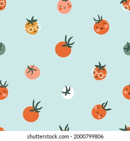 Vector tomato seamless pattern. hand-drawn organic food repeat design for fabric or wrapping paper, branding. Fresh cherry tomatoes on the light blue background. Veggies print design. 