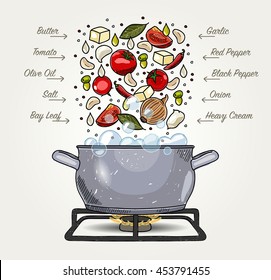 Vector Tomato Soup Ingredients Falling Down to Pot on Stove