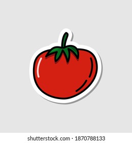 Vector tomato sticker in cartoon style. Isolated vegetable with shadow. Flat simple icon with black lines
