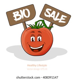 Vector Tomato with stylized cartoon look, with face and signs (bio and sale)