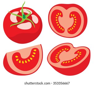 Vector tomato. Whole and cut tomatoes on white background, collection of vector illustrations