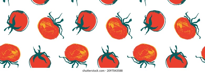 Vector Tomatoes pattern seamless for label tomato paste or Tomato juice packaging. Hand-drawn vegetarian background. Organic vegetables. Vegan ornament for eco market banner, healthy food flyer — Bio.