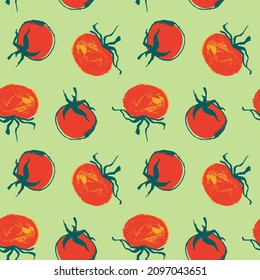 Vector Tomatoes pattern seamless for label tomato paste or Tomato juice packaging. Hand-drawn vegetarian background. Organic vegetables. Vegan ornament for eco market banner, healthy food flyer — Bio.