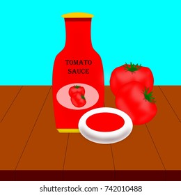 Vector of Tomatoes, tomatoes sauce in bottle and tomatoes sauce in white cup on the wood floor in the blue background