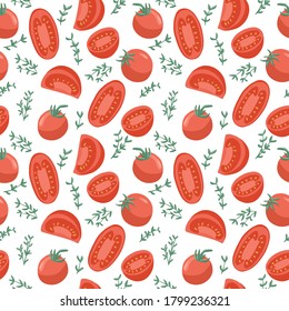 Vector tomatoes seamless pattern in cartoon style. Bright tomato vegetables isolated on white background. Healthy organic cherries with rosemary and tomato slices for autumn farm market design.