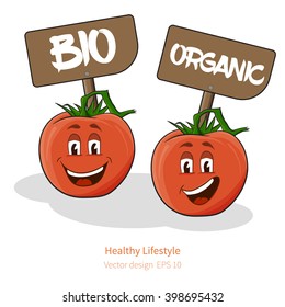 Vector Tomatoes with stylized cartoon look, with face and signs (bio and organic)