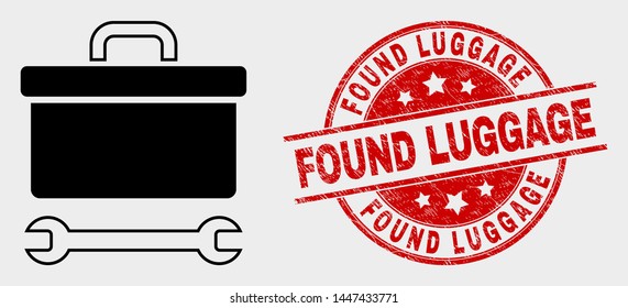 Vector toolbox wrench pictogram and Found Luggage seal. Red round grunge seal with Found Luggage caption. Vector combination for toolbox wrench in flat style. Black isolated toolbox wrench pictogram.