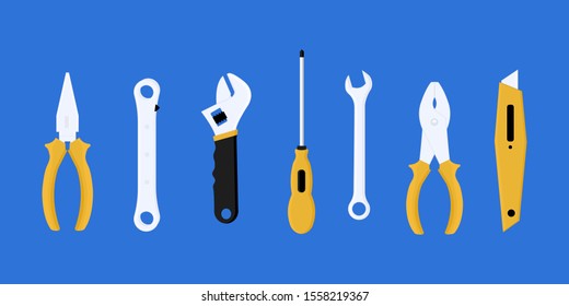Vector tools collection for repair isolated on blue background.
