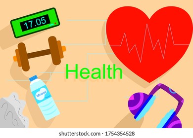 Vector tools exercise set. concept. Health care. Dumbbell illustration. Watch. Headphones. Drinking water bottles. Cloth and heart pulse icons.  Lifestyle health happy time