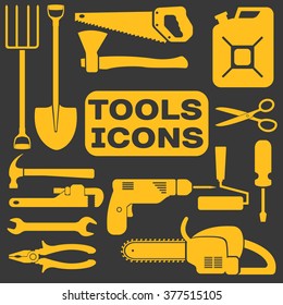 vector tools icons with black background. Tools shadow. Tools silhouette. Tools isolated.