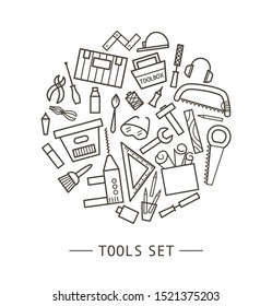 Vector tools icons set framed in circle. Flat linear black and white illustration with building, carpenter equipment for card, poster or flyer design. Woodwork, repair service or workshop concept