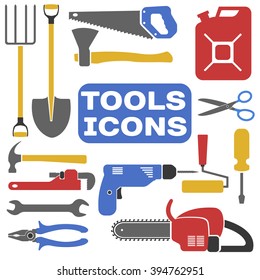 vector tools icons with white background.Color Tools shadow. Colorful Tools silhouette. Tools isolated.