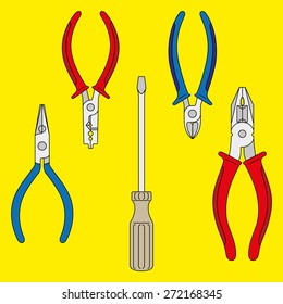 Vector tools: screwdriver, pliers, split ring pliers, diagonal cutting pliers