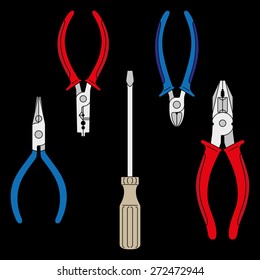 Vector tools: screwdriver, pliers, split ring pliers, diagonal cutting pliers